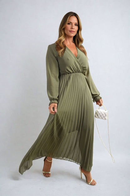 PLEATED V-NECK MAXI